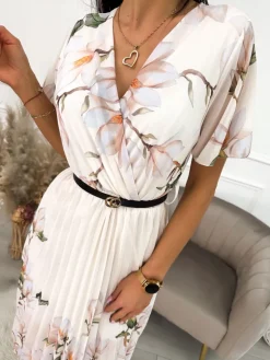 Kremowa Plisowana Sukienka w Kwiaty 10147-35-B|Modna Kiecka Online