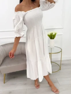 Kremowa Sukienka Hiszpanka Midi 13991-313-C|Modna Kiecka Online