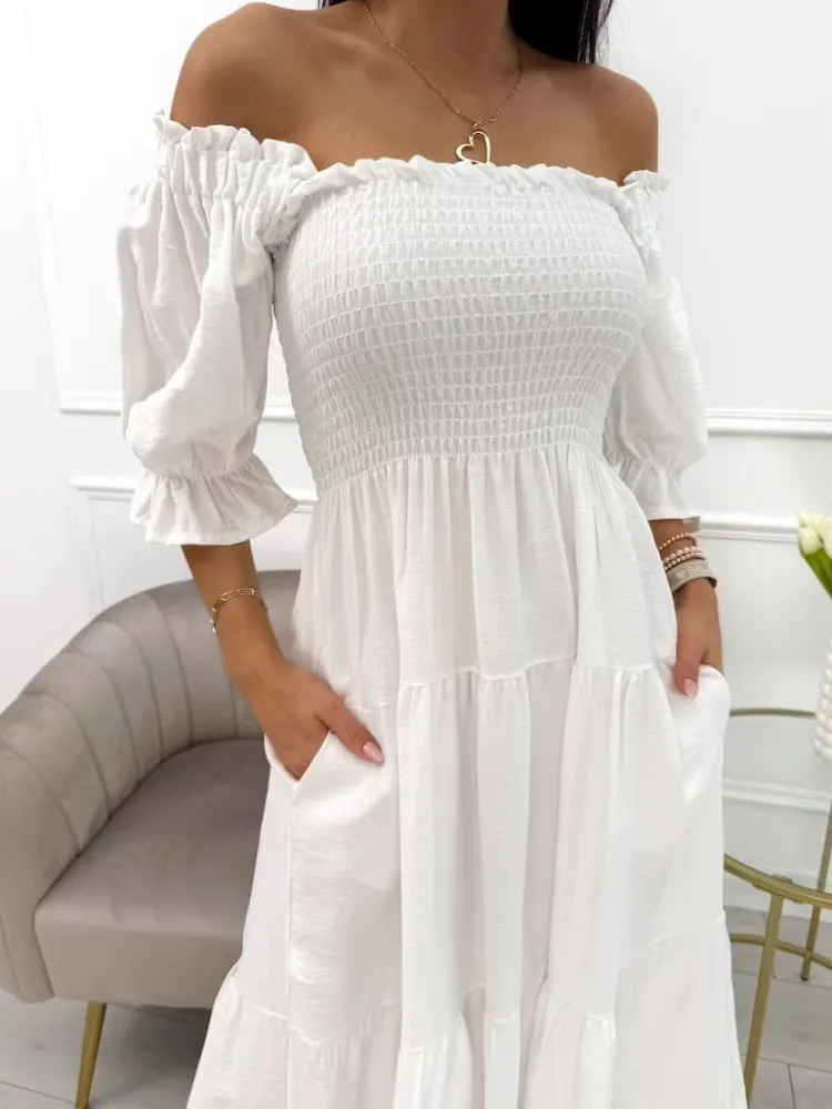 Kremowa Sukienka Hiszpanka Midi 13991-313-C|Modna Kiecka Online