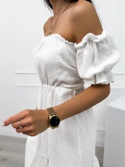 Kremowa Sukienka Hiszpanka z Falbanką 12455-327-D|Modna Kiecka Fashion