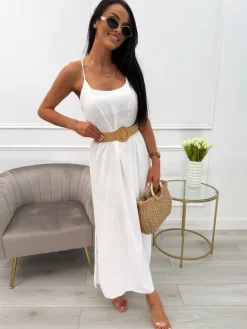 Kremowa Sukienka Maxi na Ramiączkach 13880-143-F|Modna Kiecka New