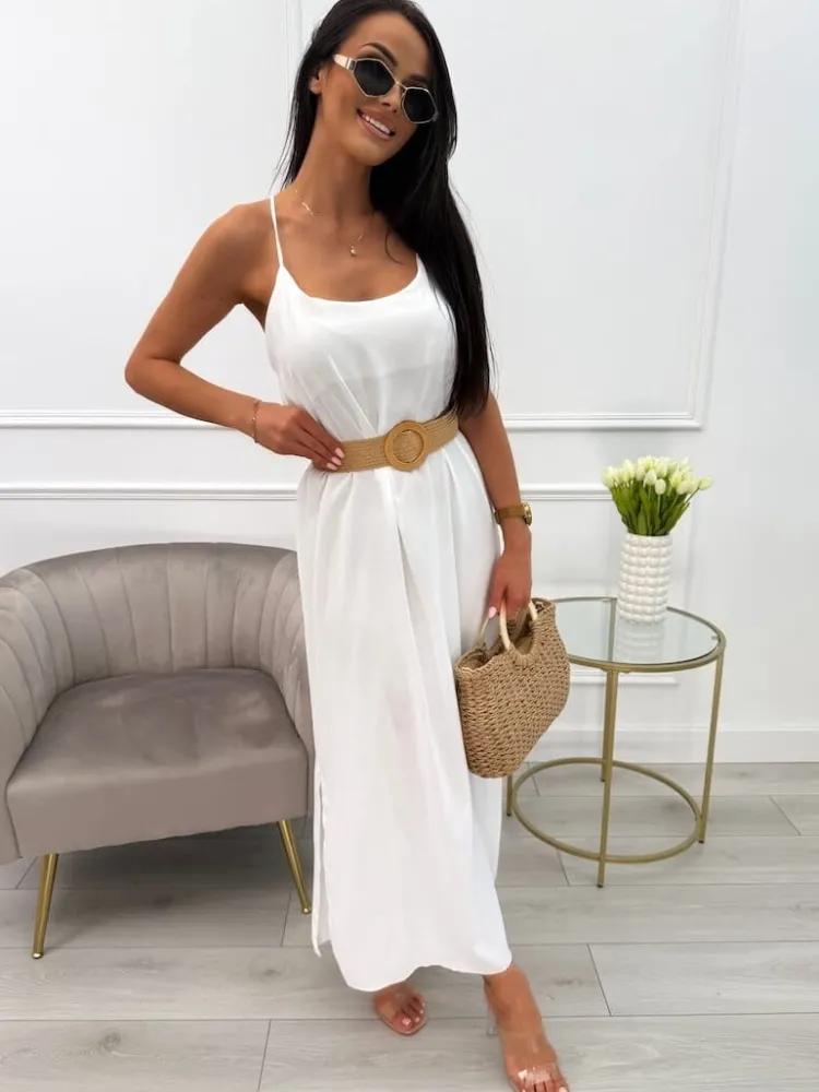 Kremowa Sukienka Maxi na Ramiączkach 13880-143-F|Modna Kiecka New