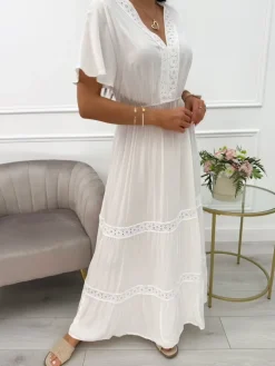 Kremowa Sukienka Maxi z Ozdobnym Haftem 14021-229-E|Modna Kiecka Sale