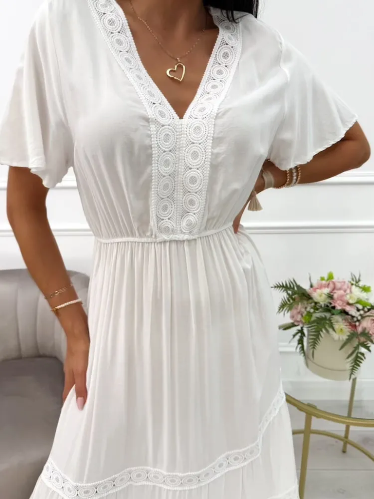 Kremowa Sukienka Maxi z Ozdobnym Haftem 14021-229-E|Modna Kiecka Sale