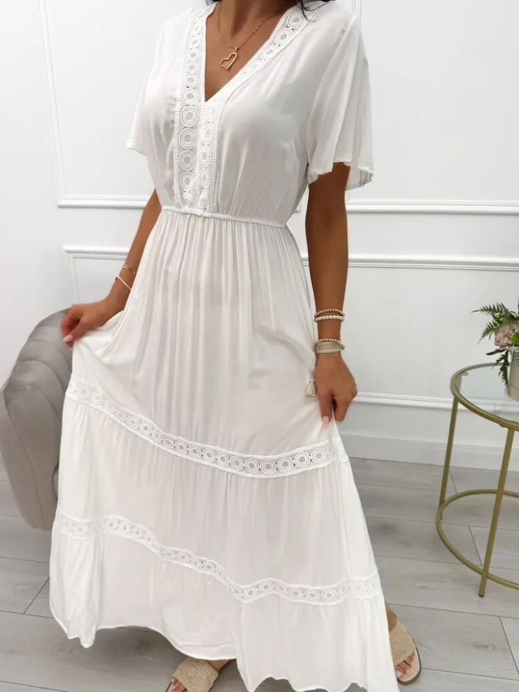 Kremowa Sukienka Maxi z Ozdobnym Haftem 14021-229-E|Modna Kiecka Sale