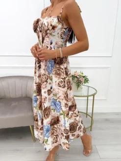 Kremowa Sukienka na Ramiączkach w Brązowe Kwiaty 14097-99-Q|Modna Kiecka Fashion