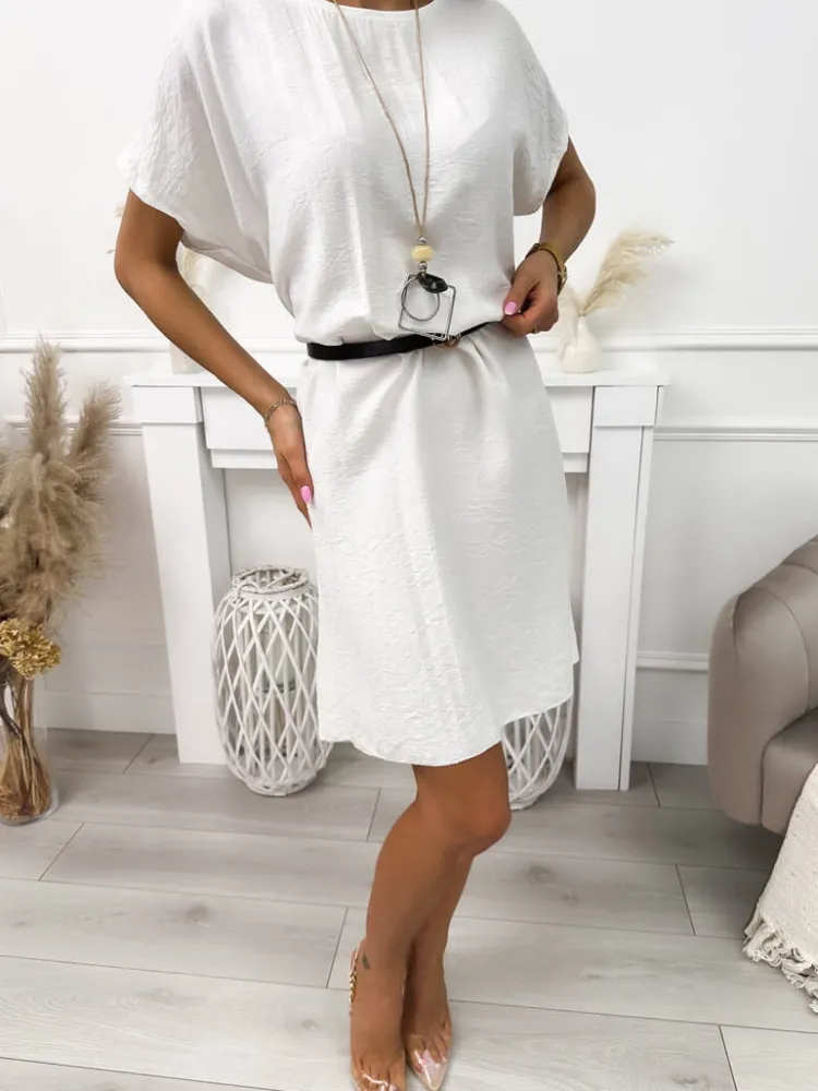 Kremowa Sukienka Oversize z Wisiorkiem 10430-289-F|Modna Kiecka Clearance