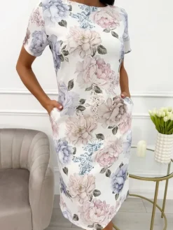 Kremowa Sukienka w Beżowo-Niebieskie Kwiaty z Kieszeniami 13804-215-B|Modna Kiecka Outlet