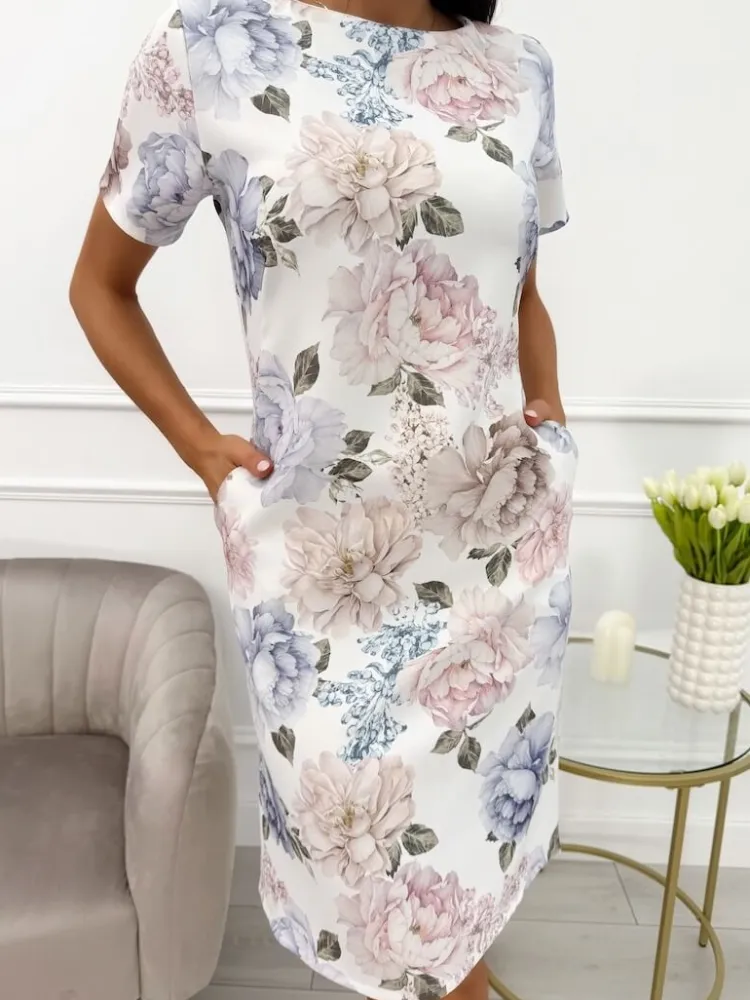 Kremowa Sukienka w Beżowo-Niebieskie Kwiaty z Kieszeniami 13804-215-B|Modna Kiecka Outlet