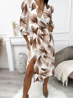 Kremowa Sukienka w Beżowy Wzór 11498-312-A|Modna Kiecka Hot