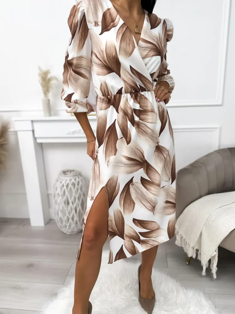 Kremowa Sukienka w Beżowy Wzór 11498-312-A|Modna Kiecka Hot