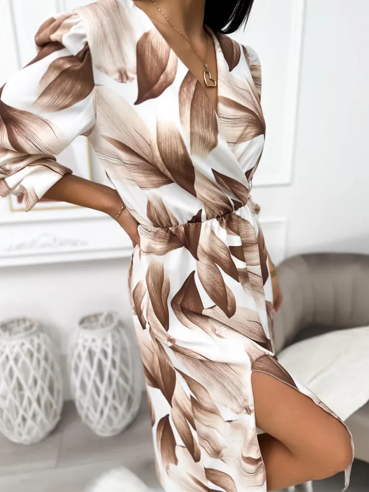 Kremowa Sukienka w Beżowy Wzór 11498-312-A|Modna Kiecka Hot