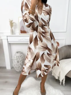 Kremowa Sukienka w Beżowy Wzór 11498-312-A|Modna Kiecka Hot