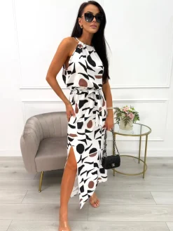 Kremowa Sukienka w Czarny Wzór z Rozporkiem 14055-39-B|Modna Kiecka Fashion