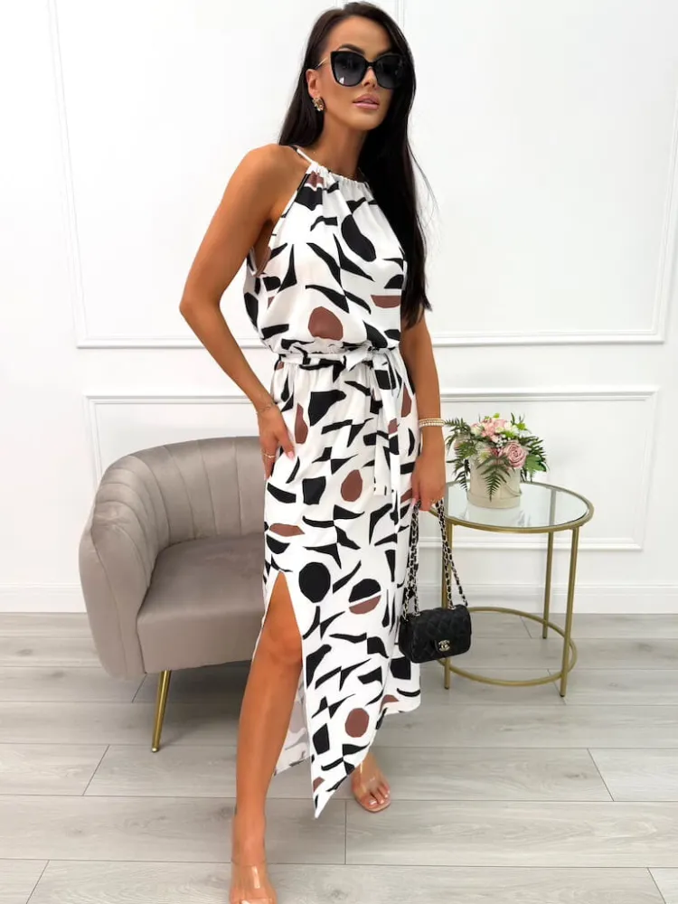 Kremowa Sukienka w Czarny Wzór z Rozporkiem 14055-39-B|Modna Kiecka Fashion