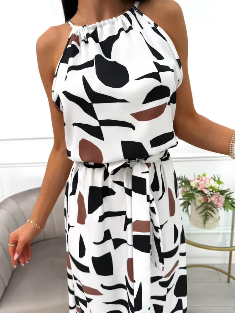 Kremowa Sukienka w Czarny Wzór z Rozporkiem 14055-39-B|Modna Kiecka Fashion