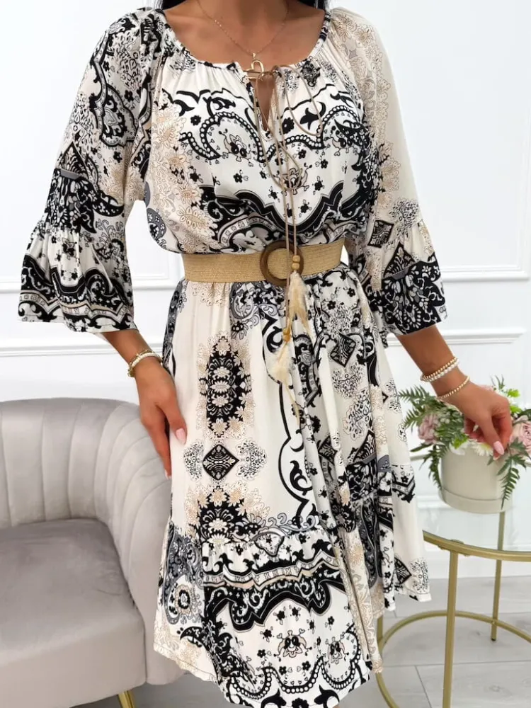 Kremowa Sukienka w Czarny Wzór 12457-529-D|Modna Kiecka Online