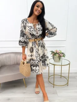 Kremowa Sukienka w Czarny Wzór 12457-529-D|Modna Kiecka Online