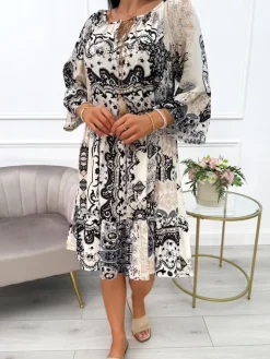 Kremowa Sukienka w Czarny Wzór 12457-529-D|Modna Kiecka Online