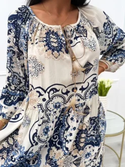 Kremowa Sukienka w Granatowy Wzór 12457-529-E|Modna Kiecka Outlet
