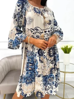 Kremowa Sukienka w Granatowy Wzór 12457-529-E|Modna Kiecka Outlet