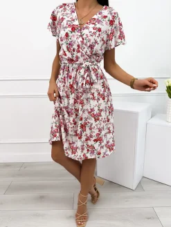 Kremowa Sukienka w Kwiatki 12362-409-C|Modna Kiecka Online