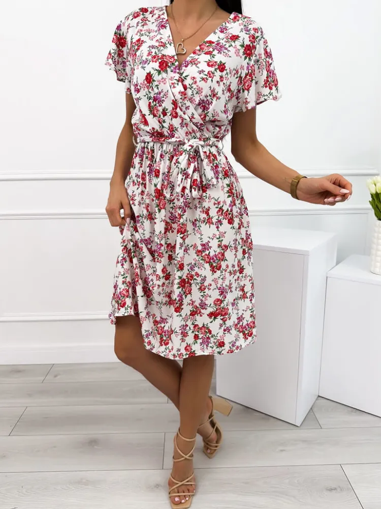 Kremowa Sukienka w Kwiatki 12362-409-C|Modna Kiecka Online