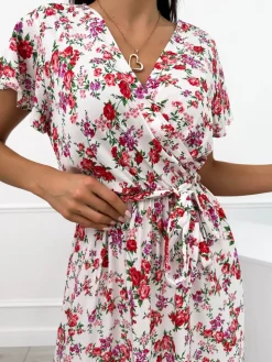 Kremowa Sukienka w Kwiatki 12362-409-C|Modna Kiecka Online