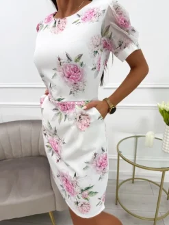 Kremowa Sukienka w Kwiaty z Kieszeniami i Bufiastymi Rękawami 13786-181-B|Modna Kiecka Fashion