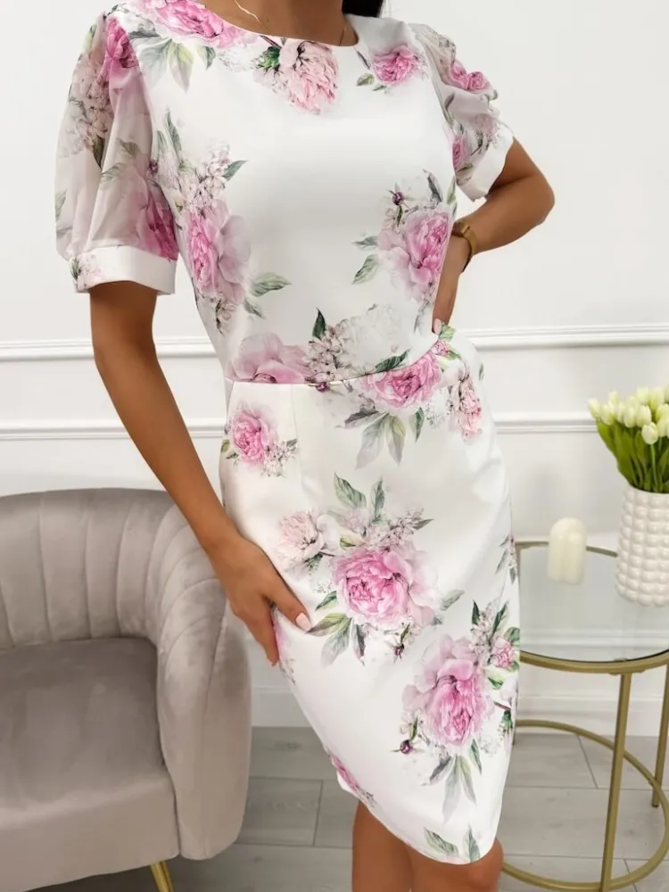 Kremowa Sukienka w Kwiaty z Kieszeniami i Bufiastymi Rękawami 13786-181-B|Modna Kiecka Fashion