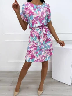 Kremowa Sukienka w Kwiaty z Paseczkiem 12291-16-Q|Modna Kiecka Fashion