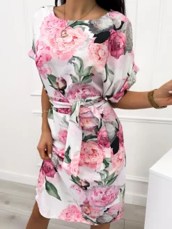 Kremowa Sukienka w Kwiaty 12318-294-B|Modna Kiecka Online