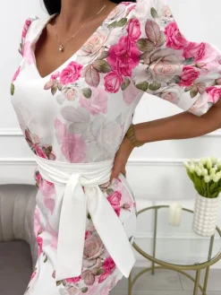 Kremowa Sukienka w Kwiaty z Paseczkiem 13774-204-B|Modna Kiecka Hot