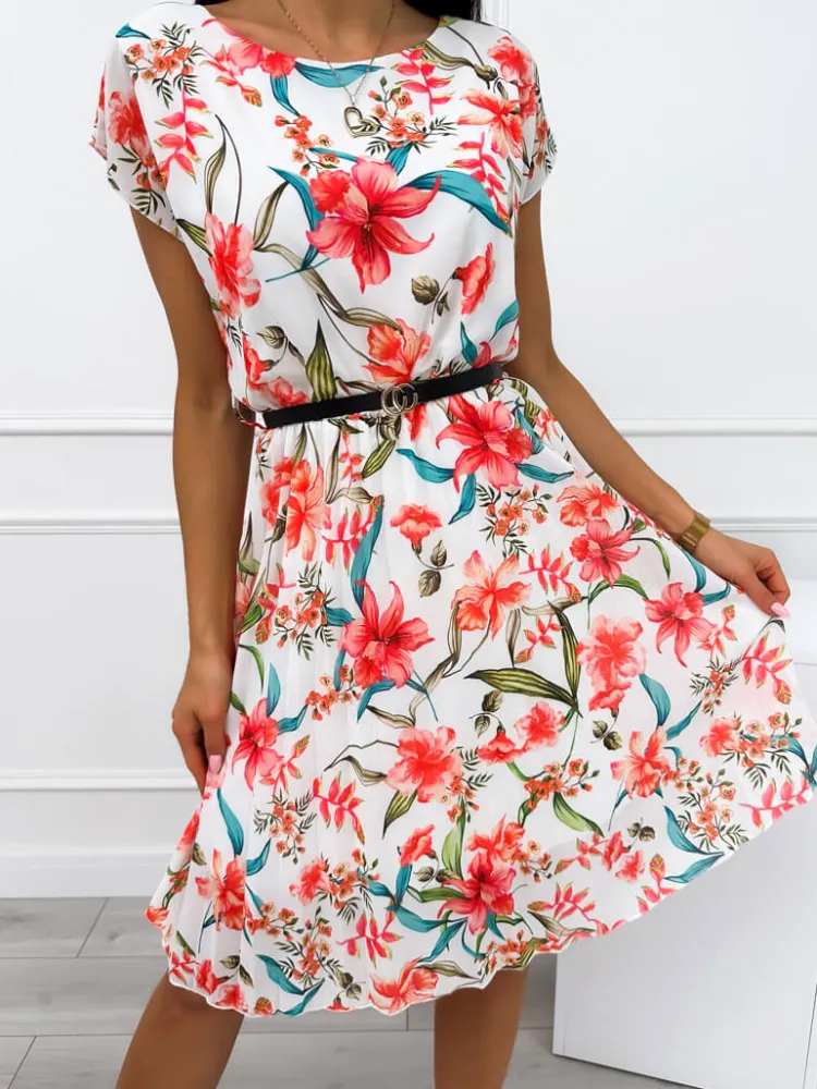 Kremowa Sukienka w Kwiaty z Paskiem 12529-341-Q|Modna Kiecka New