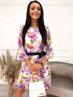 Kremowa Sukienka w Lawendowe Kwiaty 10130-212-B|Modna Kiecka Hot
