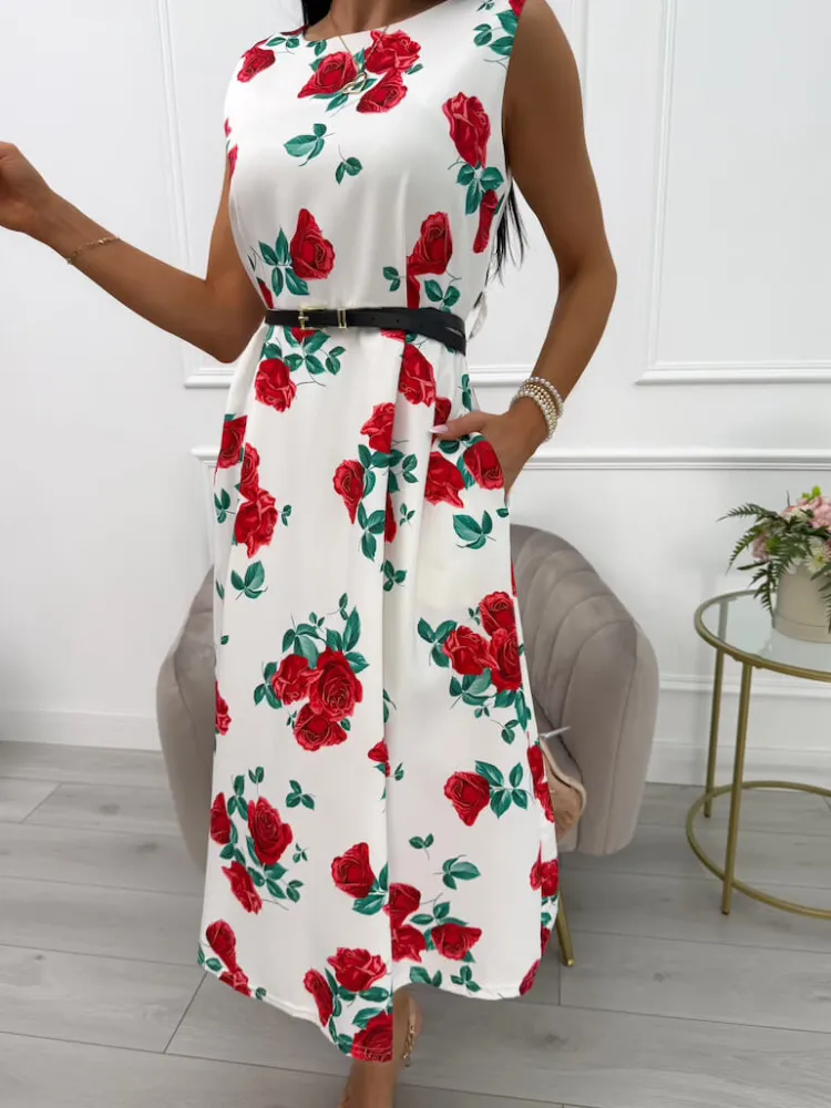 Kremowa Sukienka w Róże z Paskiem 14086-49-Q|Modna Kiecka Outlet