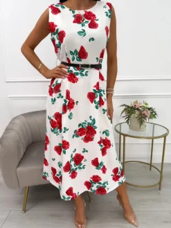 Kremowa Sukienka w Róże z Paskiem 14086-49-Q|Modna Kiecka Outlet
