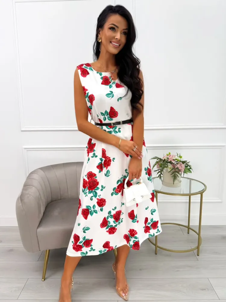 Kremowa Sukienka w Róże z Paskiem 14086-49-Q|Modna Kiecka Outlet