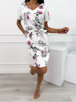 Kremowa Sukienka w Różowe Kwiaty z Paskiem 12367-409-B|Modna Kiecka Clearance