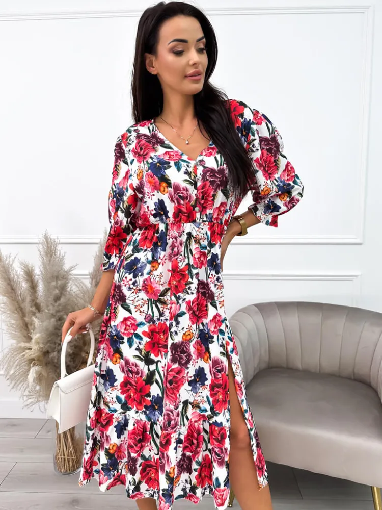 Kremowa Sukienka w Różowe Kwiaty 10414-412-Q|Modna Kiecka Outlet