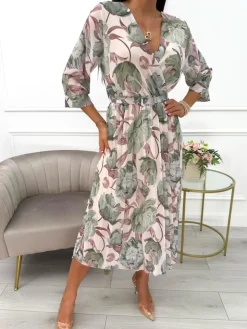 Kremowa Sukienka w Zielone Kwiaty z Narzutką 13803-224-D|Modna Kiecka Outlet
