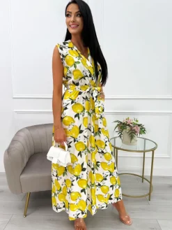 Kremowa  Sukienka z Cytrynowym Printem 14082-28-B|Modna Kiecka Fashion