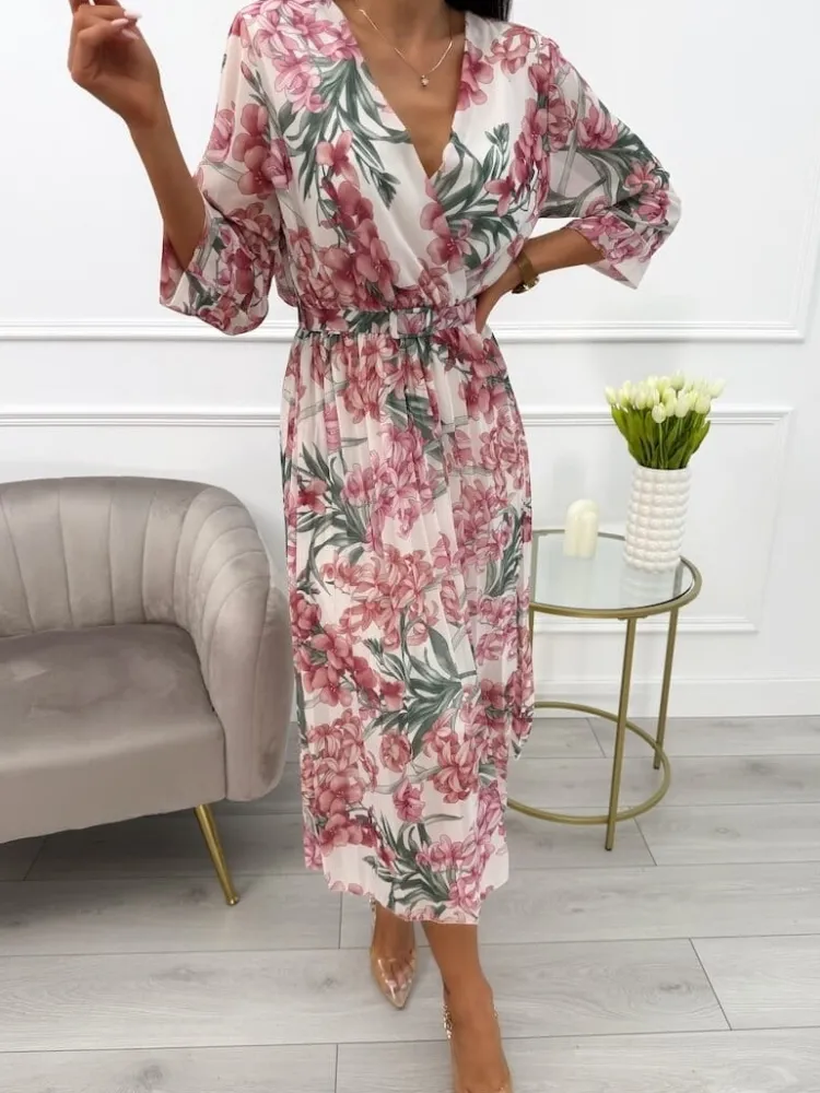 Kremowa Sukienka z Motywem Roślinnym i Paskiem 13843-429-B|Modna Kiecka Outlet