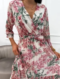 Kremowa Sukienka z Motywem Roślinnym i Paskiem 13843-429-B|Modna Kiecka Outlet