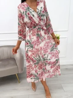Kremowa Sukienka z Motywem Roślinnym i Paskiem 13843-429-B|Modna Kiecka Outlet