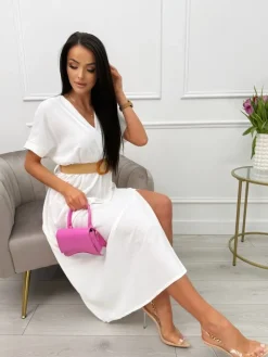 Kremowa Sukienka z Paskiem i Rozporkiem 13627-72-G|Modna Kiecka Fashion