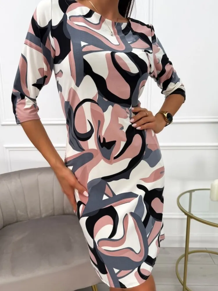 Kremowa Sukienka ze Wzorem i Kieszeniami 13732-53-Q|Modna Kiecka Fashion