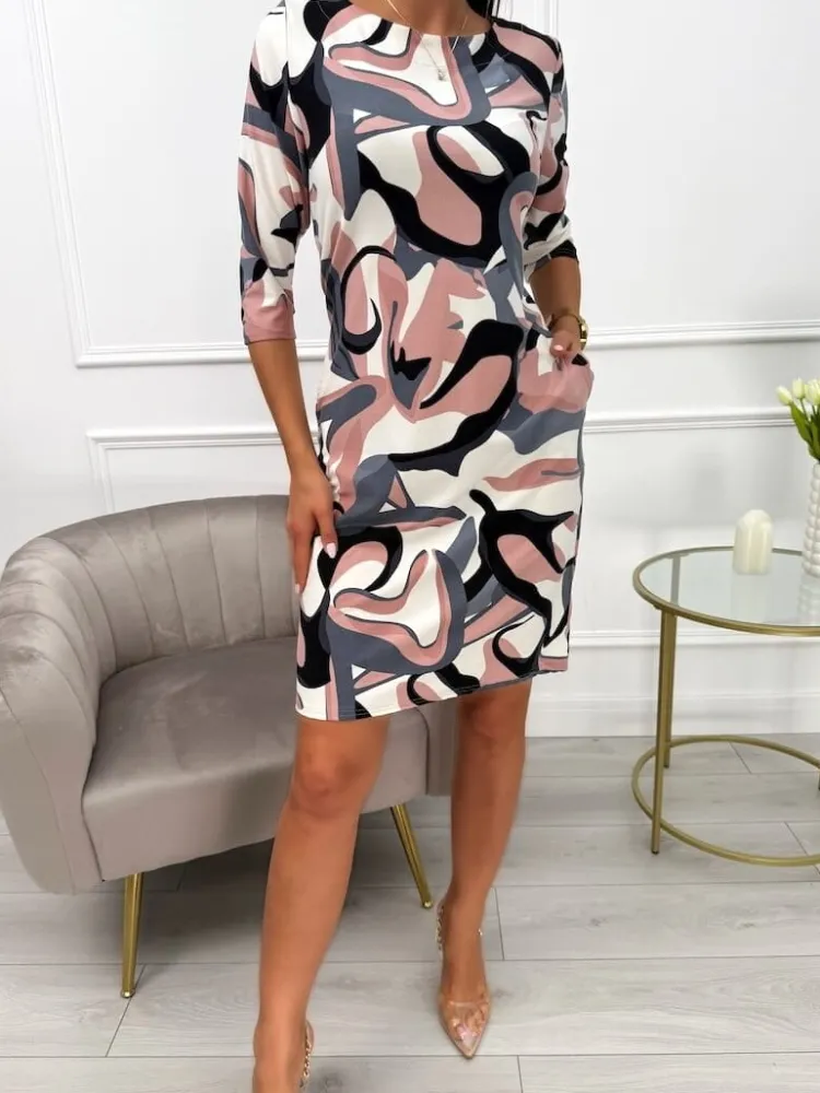 Kremowa Sukienka ze Wzorem i Kieszeniami 13732-53-Q|Modna Kiecka Fashion