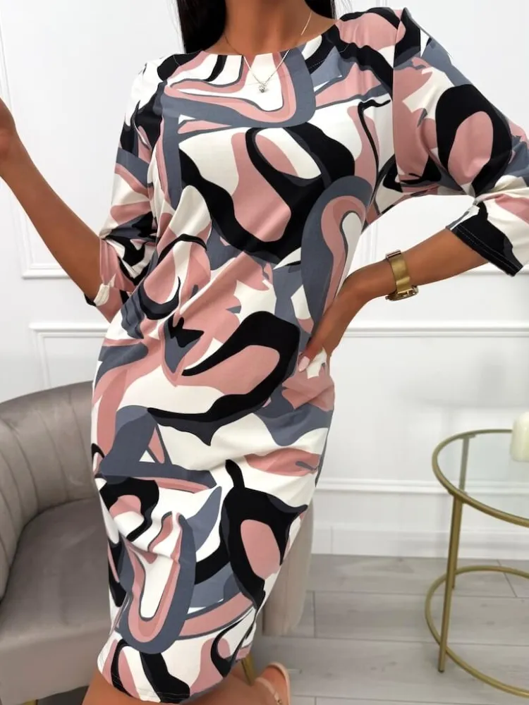 Kremowa Sukienka ze Wzorem i Kieszeniami 13732-53-Q|Modna Kiecka Fashion