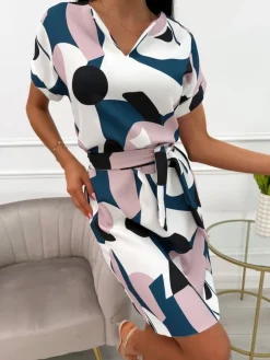 Kremowa Wzorzysta Sukienka z Paskiem 13890-333-Q|Modna Kiecka Outlet